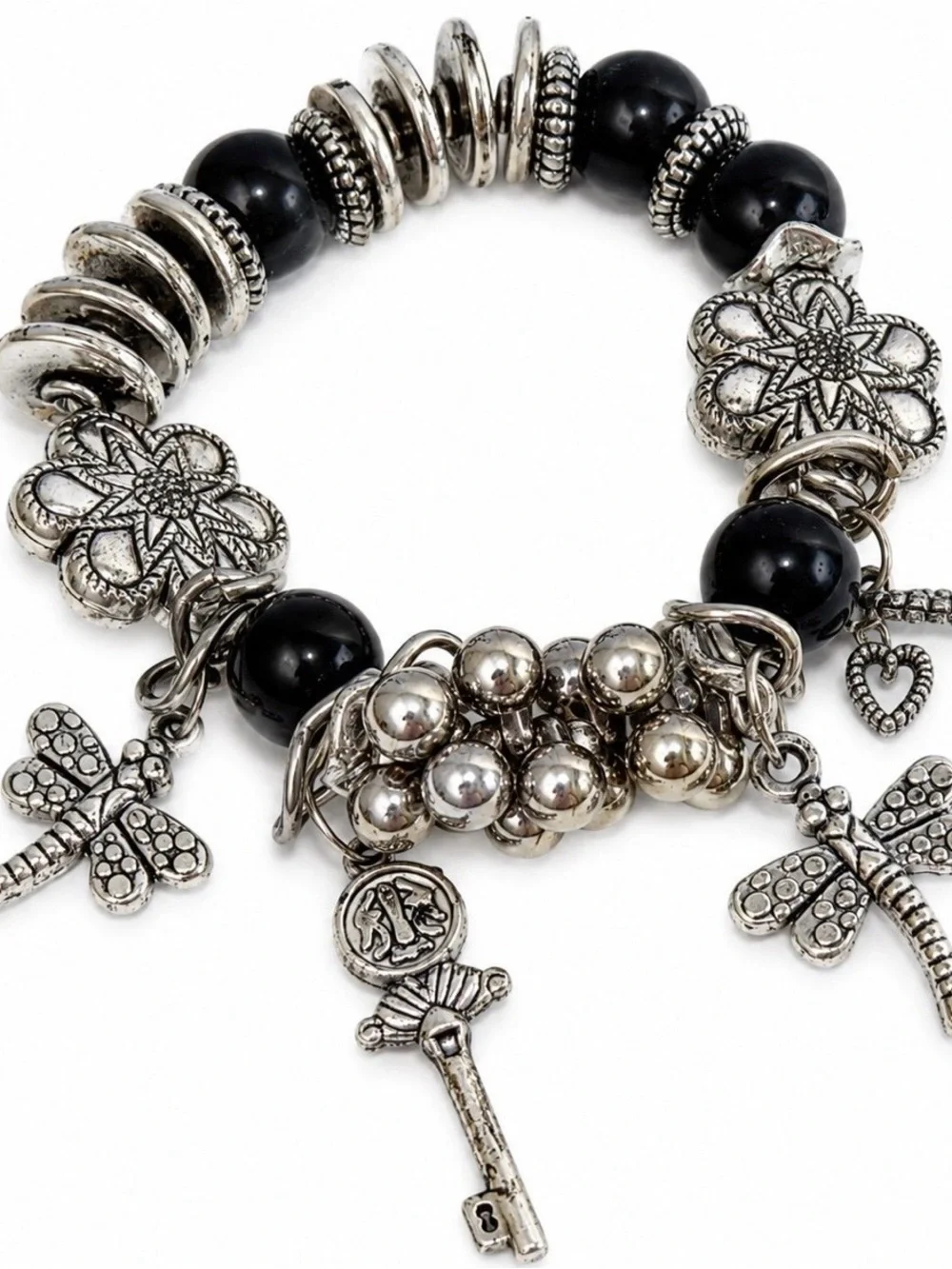 Black Beaded Multi Strand Necklace and Charm Bracelet Silver Tone Jewelry Set